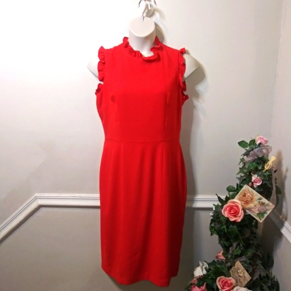 Maggie London Red Crepe Ruffle Trimmed, Figure Flattering Plus Size Sheath Dress - Picture 8 of 8
